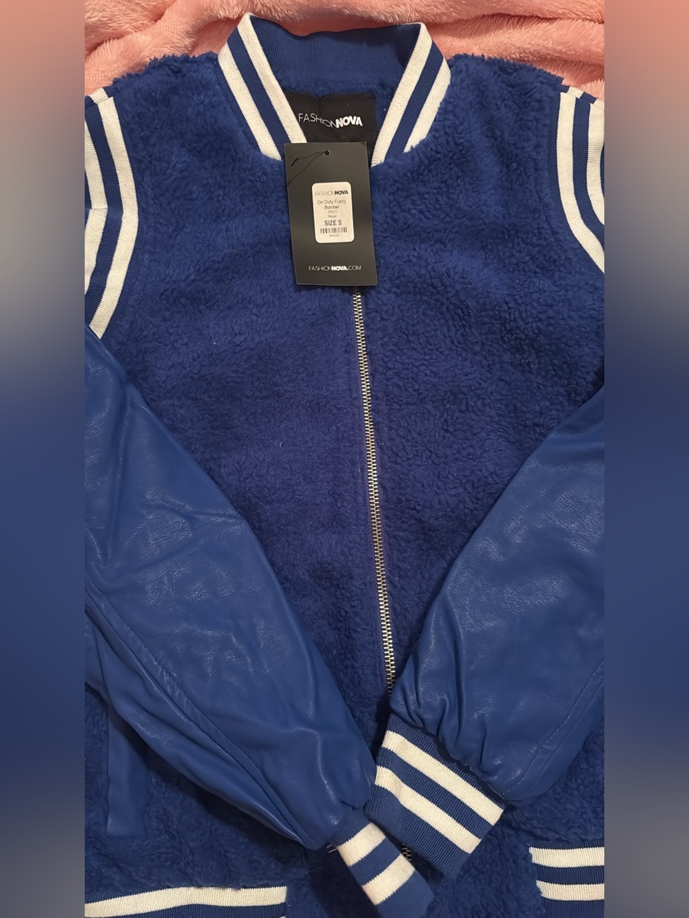 Fashion Nova Royal Blue Sherpa Bomber Jacket with Faux-Leather Sleeves